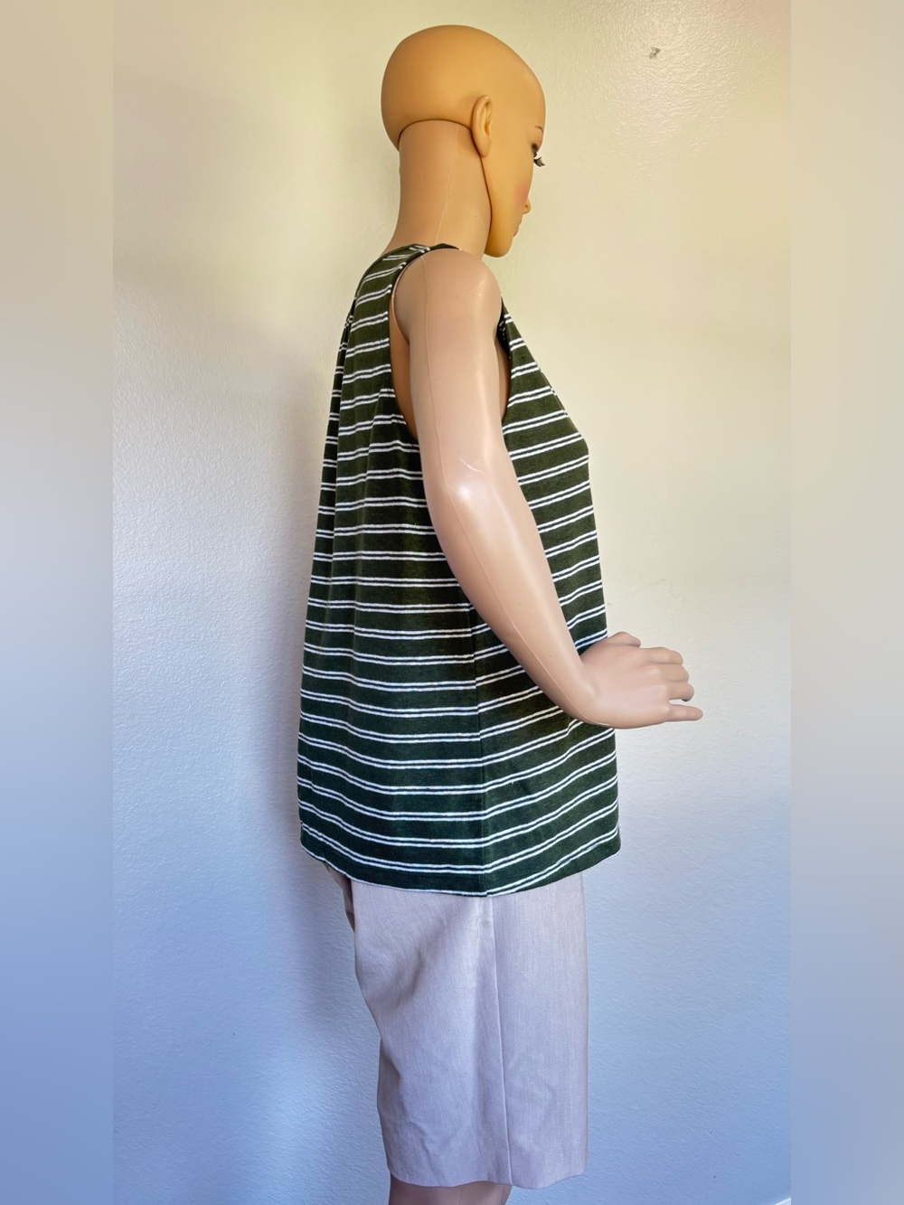 Old Navy Olive and White Striped Sleeveless Split-Neck Tank - Picture 3 of 13